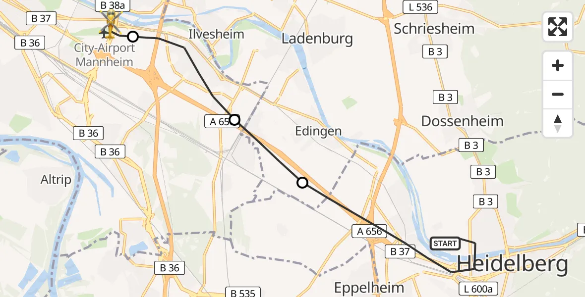 Flugroute Rettungshubschrauber Heidelberg - Mannheim-City Flughafen, 01 August 2026, 16:05