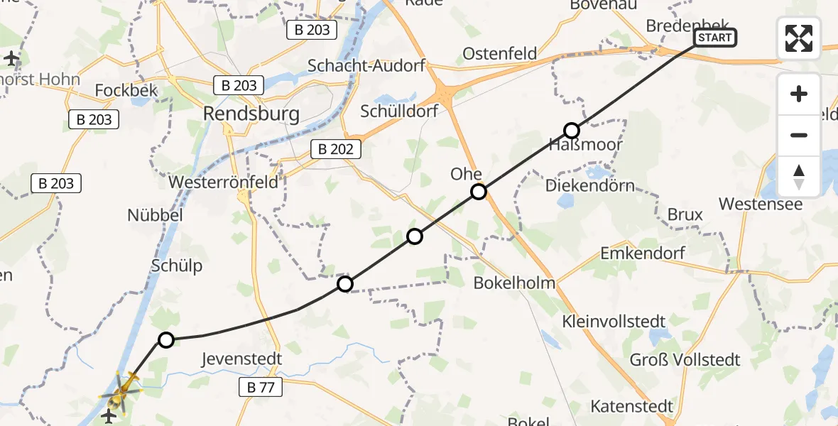 Flugroute Ambulanzhubschrauber Bredenbek - Hörsten, 01 August 2026, 16:05