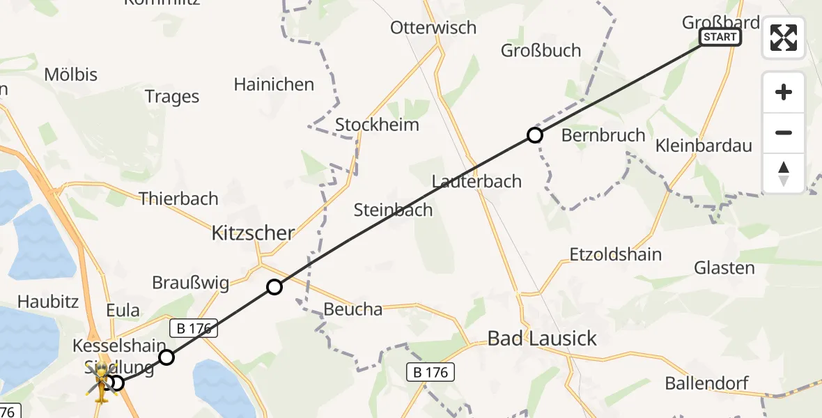 Flugroute Rettungshubschrauber Grimma - Sana Hospital Borna, 01 August 2026, 16:07