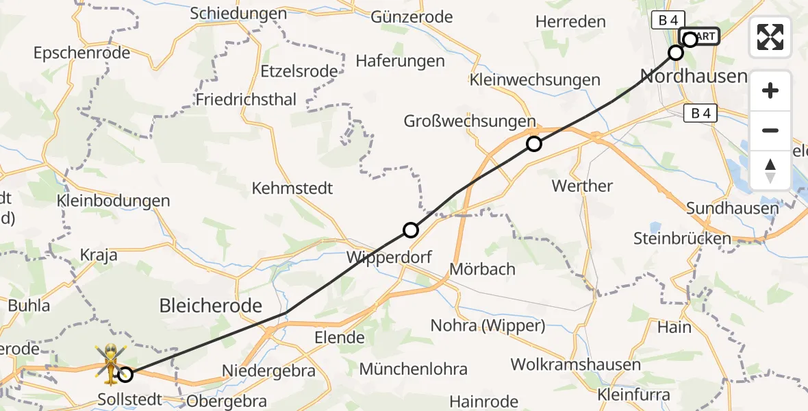 Flugroute Rettungshubschrauber Südharz Hospital Nordhausen - Sollstedt, 01 August 2026, 16:10