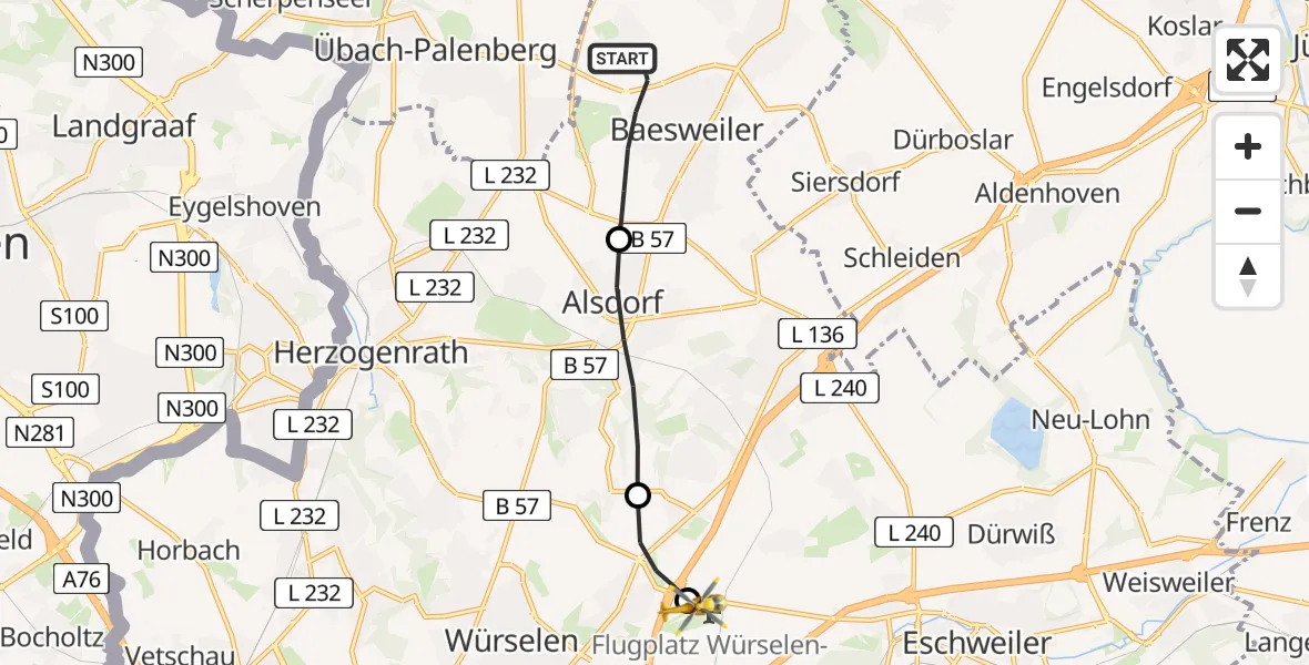 Flugroute Rettungshubschrauber Baesweiler - Aachen-Merzbrück Flughafen, 01 August 2026, 16:13
