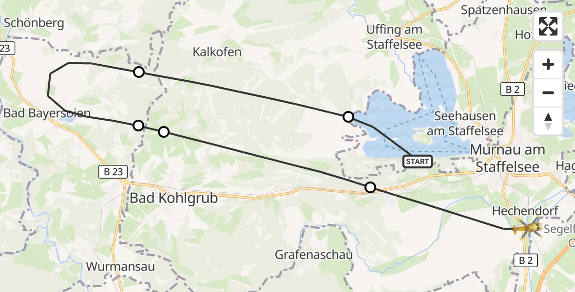 Flugroute Rettungshubschrauber Seehausen a.Staffelsee - Murnau a.Staffelsee, 01 August 2026, 16:14