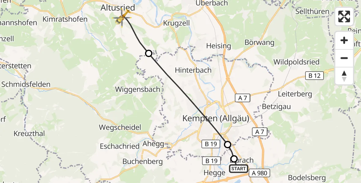 Flugroute Rettungshubschrauber Kempten-Durach Flugplatz - Altusried, 01 August 2026, 16:17