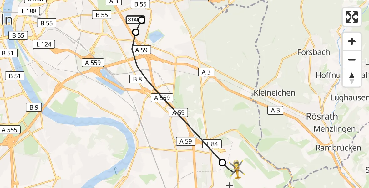 Flugroute Rettungshubschrauber Merheim Hospital - Köln Bonn Flughafen, 01 August 2026, 16:21