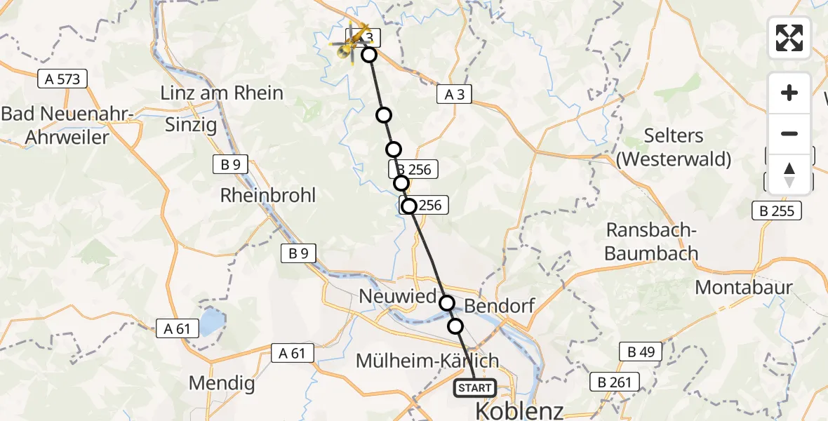 Flugroute Rettungshubschrauber Koblenz - Neustadt (Wied), 01 August 2026, 16:23