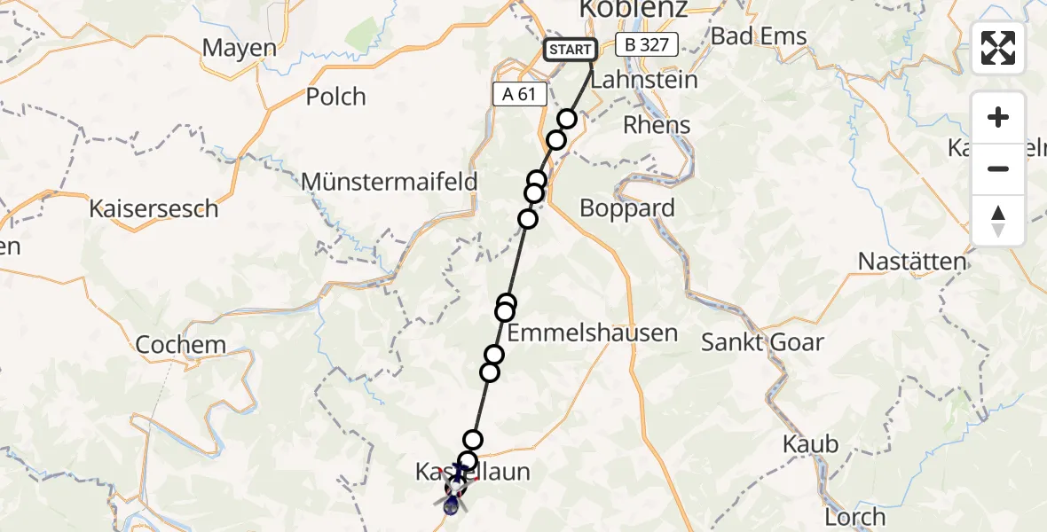 Flugroute Polizeihubschrauber Koblenz - Bell (Hunsrück), 01 August 2026, 16:29