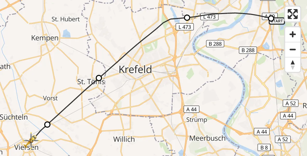 Flugroute Rettungshubschrauber Duisburg Air Rescue Hubschrauberlandeplatz (Christoph 9) - Viersen, 01 August 2026, 16:34