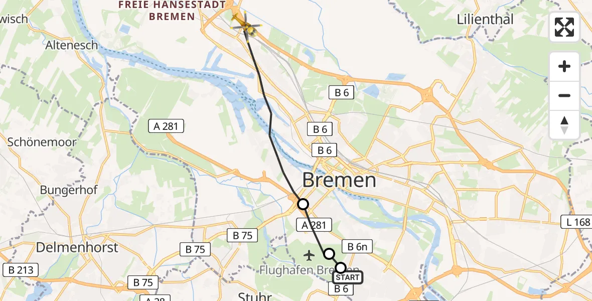 Flugroute Rettungshubschrauber ADAC Air Rescue Station Bremen Hubschrauberlandeplatz (Christoph 6) - Bremen, 01 August 2026, 16:34