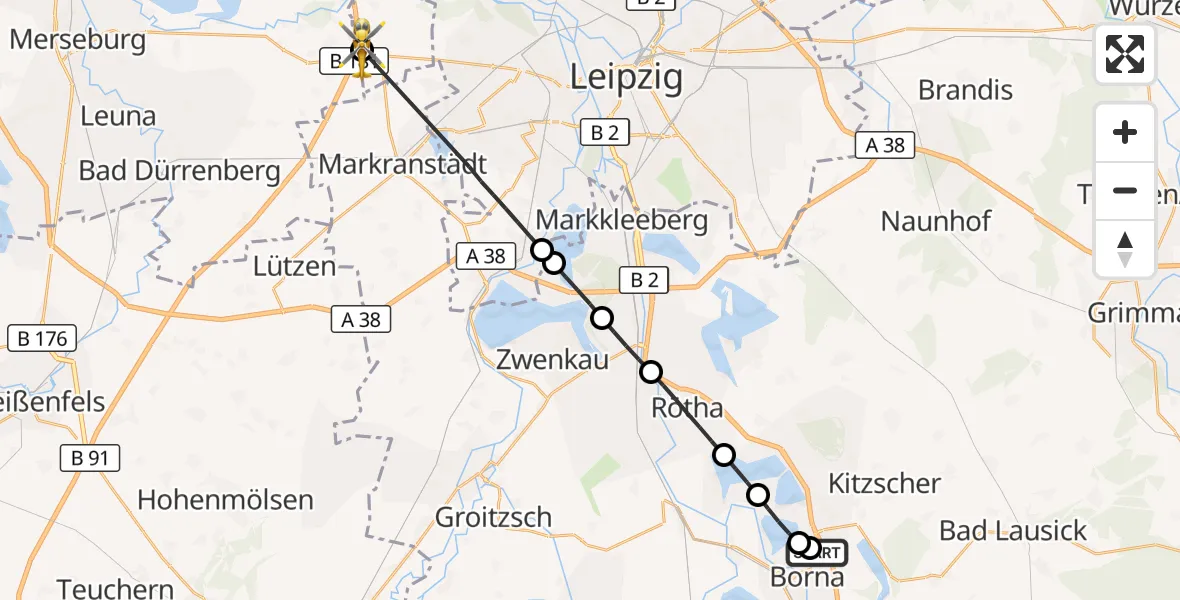 Flugroute Rettungshubschrauber Sana Hospital Borna - ADAC Air Rescue Station Leipzig/Schkeuditz-Dölzig Hubschrauberlandeplatz (Christoph 61), 01 August 2026, 16:38