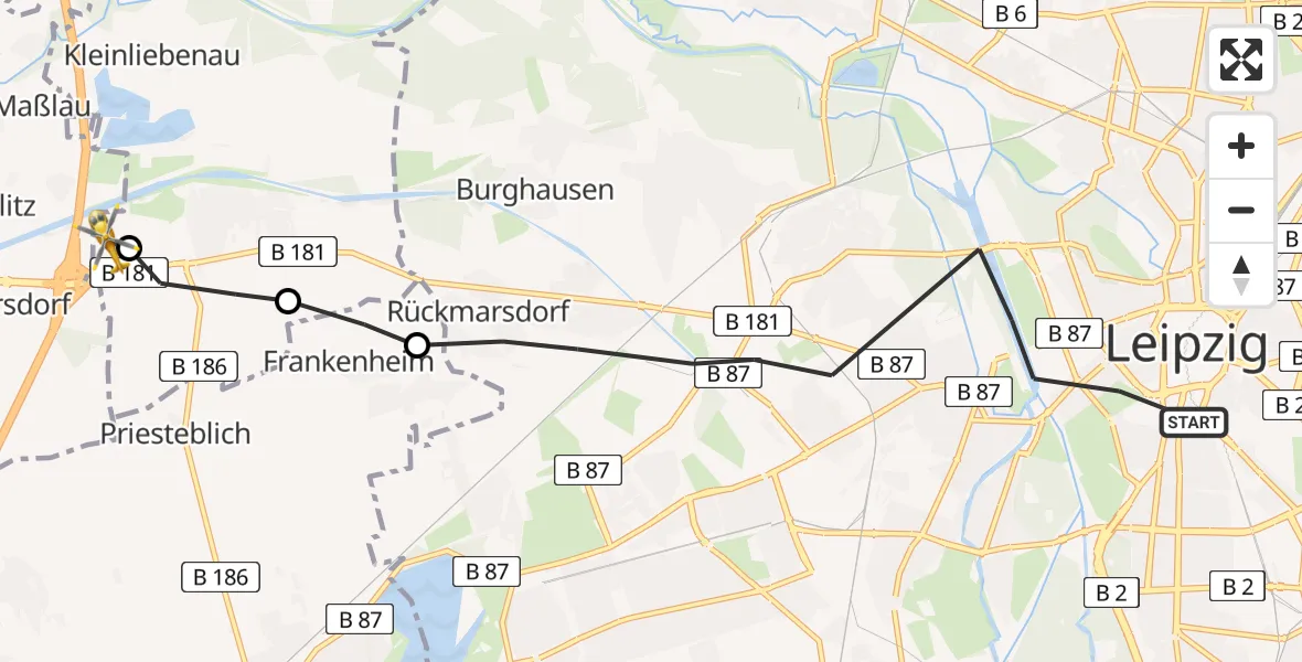 Flugroute Rettungshubschrauber Leipzig - ADAC Air Rescue Station Leipzig/Schkeuditz-Dölzig Hubschrauberlandeplatz (Christoph 61), 01 August 2026, 16:40