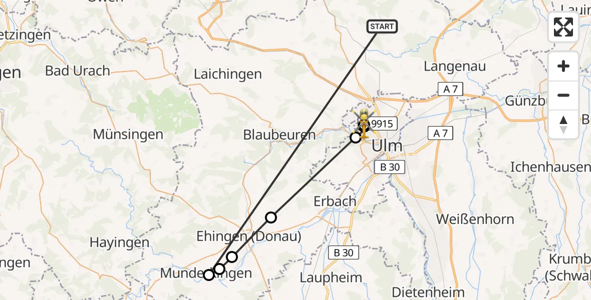 Flugroute Rettungshubschrauber Weidenstetten - Ulm Military Hospital Emergency, 01 August 2026, 16:42