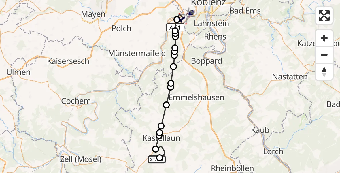 Flugroute Polizeihubschrauber Bell-Hundheim UL - Koblenz-Winningen Flugplatz, 01 August 2026, 17:04