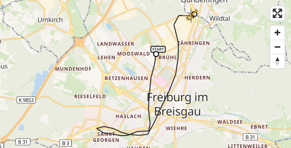 Flugroute Ambulanzhubschrauber Freiburg im Breisgau Flugplatz - Gundelfingen, 01 August 2026, 17:05