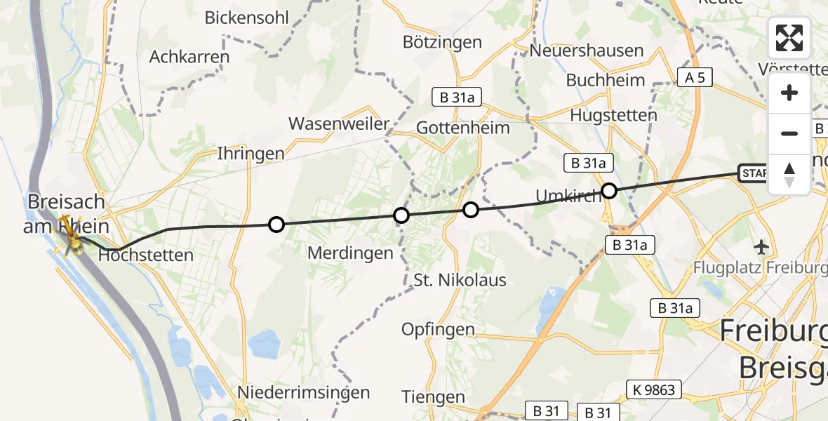 Flugroute Ambulanzhubschrauber Freiburg im Breisgau - Breisach am Rhein, 01 August 2026, 17:16