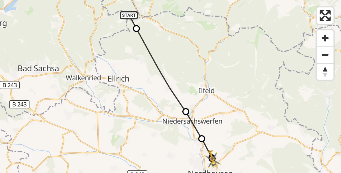 Flugroute Rettungshubschrauber Harz (Landkreis Goslar) - Südharz Hospital Nordhausen, 01 August 2026, 17:27