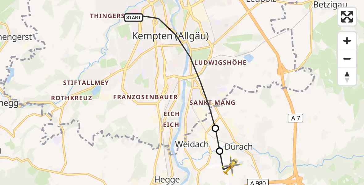 Flugroute Rettungshubschrauber Kempten (Allgäu) - Kempten-Durach Flugplatz, 01 August 2026, 17:31