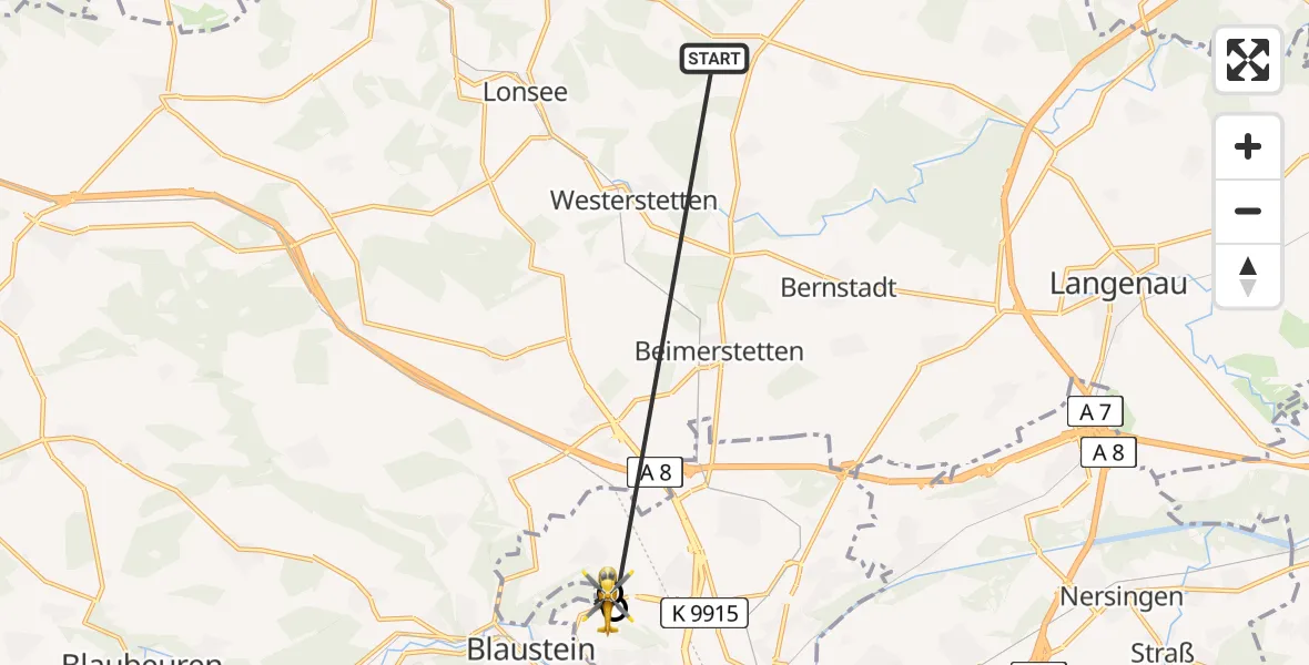 Flugroute Rettungshubschrauber Weidenstetten - ADAC Air Rescue Station Ulm (Christoph 22), 01 August 2026, 17:34
