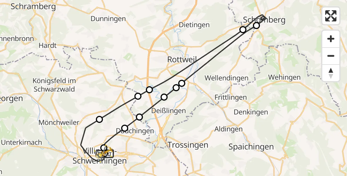 Flugroute Ambulanzhubschrauber DRF Air Rescue Station Villingen-Schwenningen Hubschrauberlandeplatz (Christoph 11) - DRF Air Rescue Station Villingen-Schwenningen Hubschrauberlandeplatz (Christoph 11), 01 August 2026, 17:37