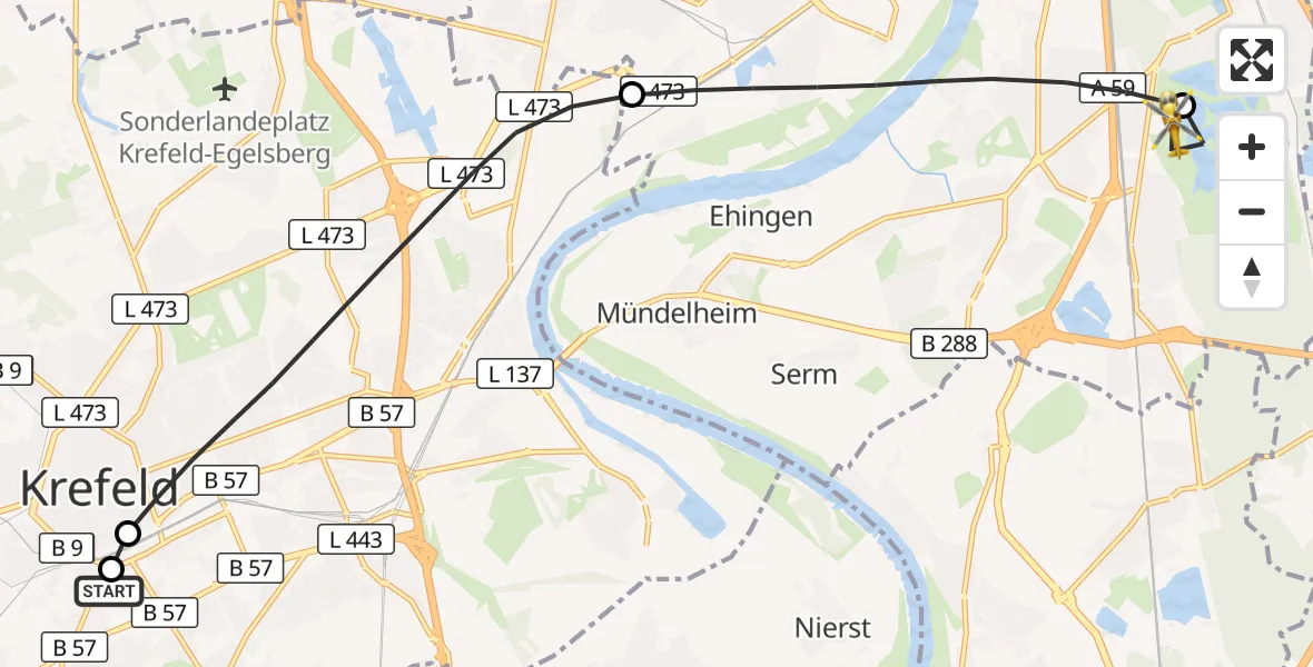 Flugroute Rettungshubschrauber Helios Clinic Krefeld - Duisburg Air Rescue Hubschrauberlandeplatz (Christoph 9), 01 August 2026, 17:45