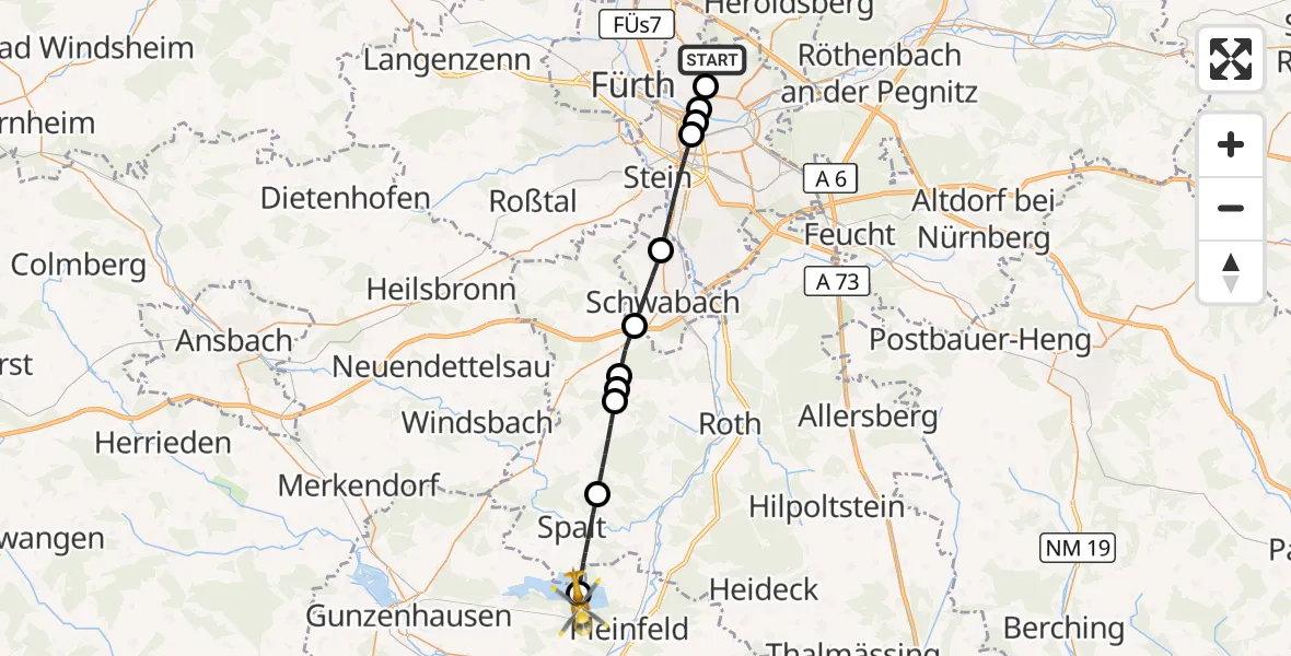 Flugroute Ambulanzhubschrauber Flughafen Nuremberg - Pleinfeld, 01 August 2026, 17:49