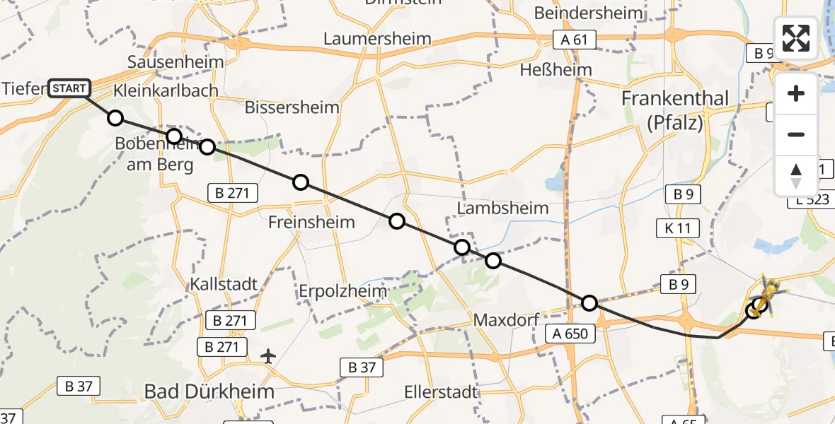 Flugroute Rettungshubschrauber Tiefenthal - Ludwigshafen Accident Hospital, 01 August 2026, 17:56