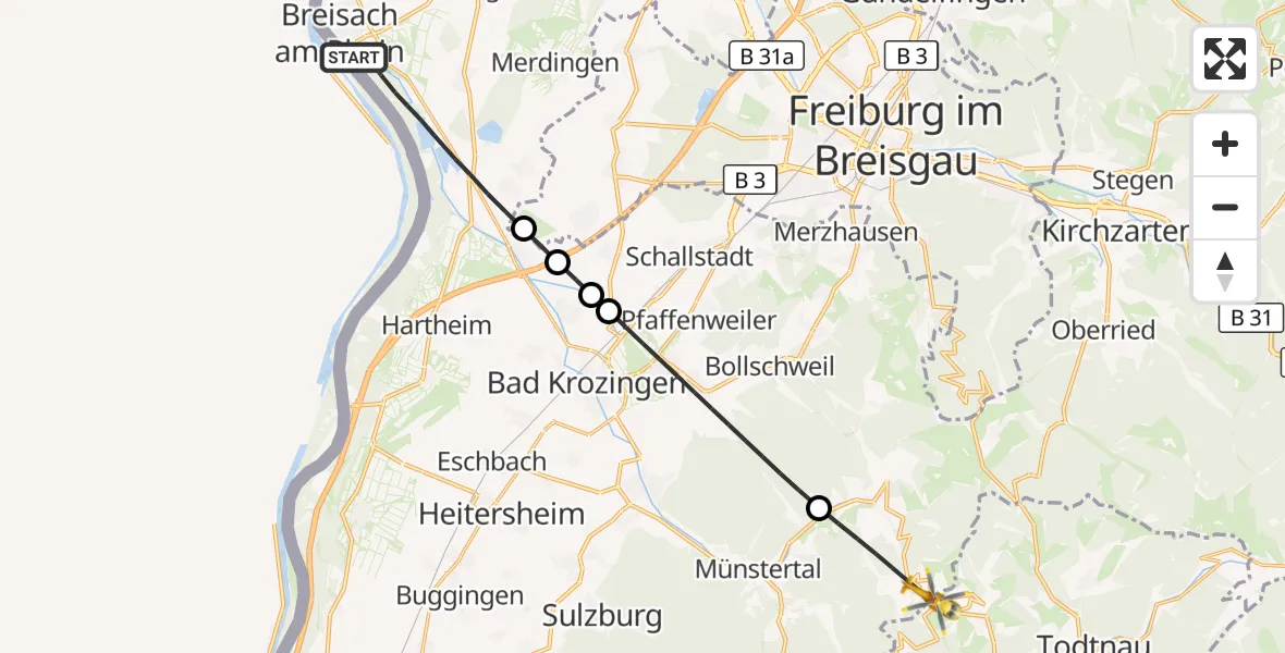 Flugroute Ambulanzhubschrauber Breisach am Rhein - Wieden, 01 August 2026, 18:01