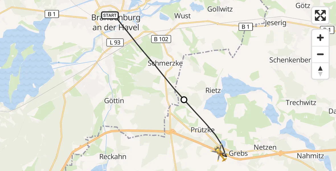 Flugroute Rettungshubschrauber Brandenburg an der Havel - Kloster Lehnin, 01 August 2026, 18:06