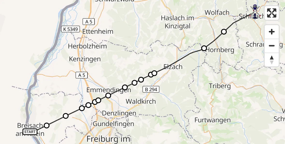 Flugroute Polizeihubschrauber Breisach am Rhein - Schenkenzell, 01 August 2026, 18:10