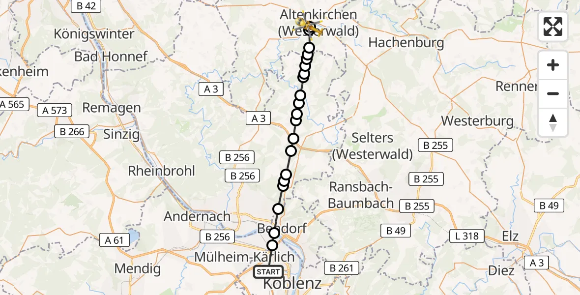 Flugroute Rettungshubschrauber Koblenz - DRK Altenkirchen Hospital, 01 August 2026, 18:13