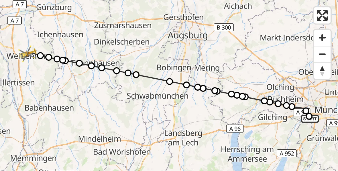 Flugroute Rettungshubschrauber DRF Air Rescue München Hubschrauberlandeplatz - Weißenhorn, 01 August 2026, 18:17