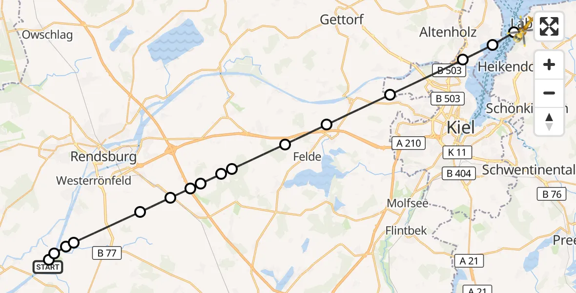 Flugroute Ambulanzhubschrauber Hörsten - Laboe, 01 August 2026, 18:29