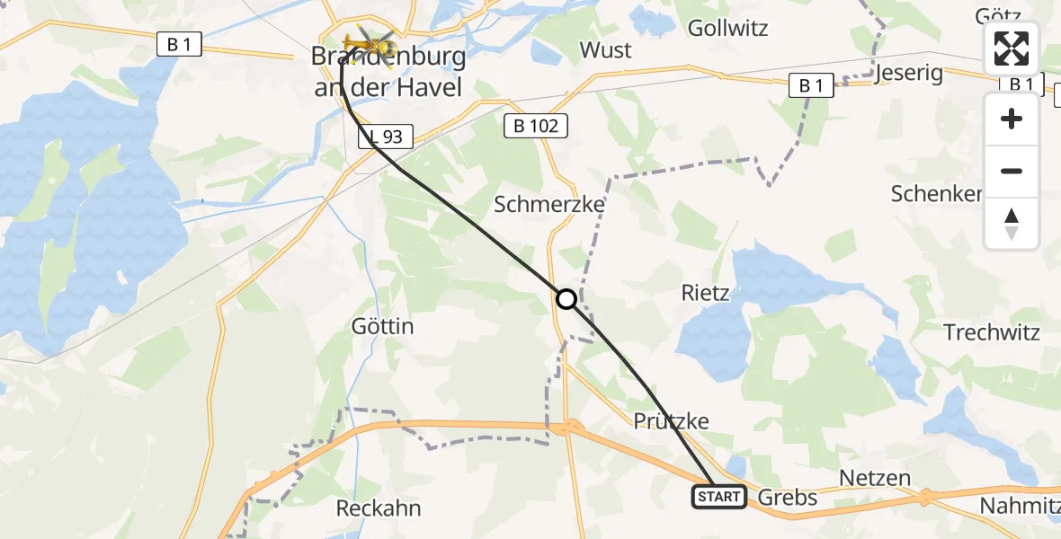 Flugroute Rettungshubschrauber Kloster Lehnin - Brandenburg an der Havel, 01 August 2026, 18:35