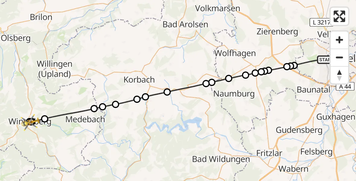 Flugroute Rettungshubschrauber Kassel - Sankt Franziskus Hospital Winterberg, 01 August 2026, 18:35