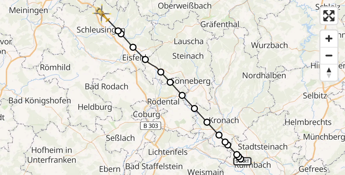 Flugroute Rettungshubschrauber Kulmbach - Schleusingen, 01 August 2026, 18:35
