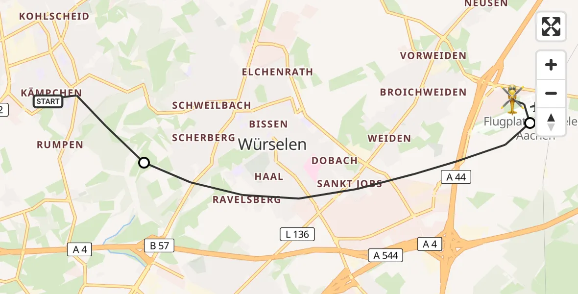 Flugroute Rettungshubschrauber Herzogenrath - Aachen-Merzbrück Flughafen, 01 August 2026, 18:37