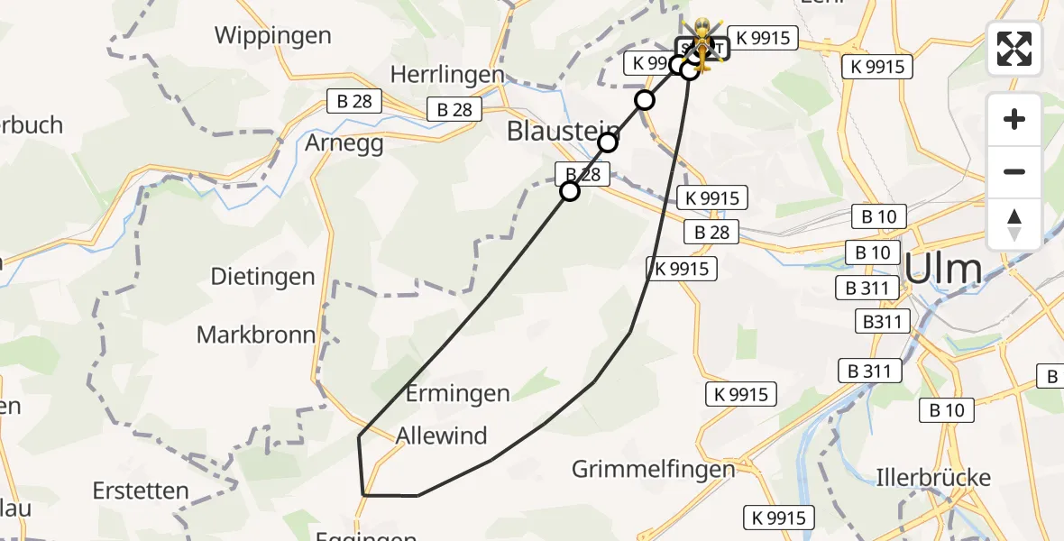 Flugroute Rettungshubschrauber Ulm Military Hospital Emergency - ADAC Air Rescue Station Ulm (Christoph 22), 01 August 2026, 18:40