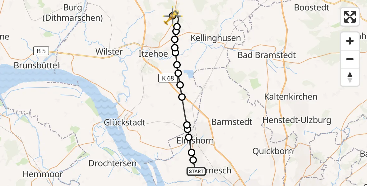 Flugroute Rettungshubschrauber Groß Nordende - Itzehoe Hungriger Wolf Flugplatz, 01 August 2026, 18:45