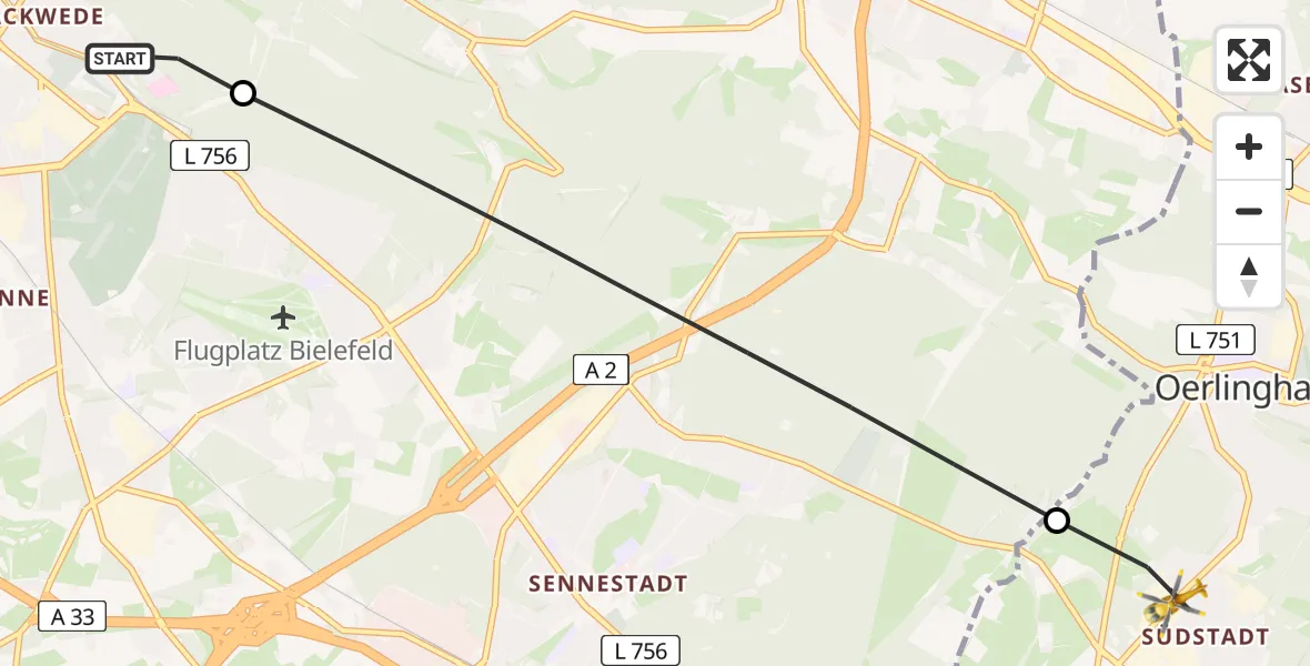 Flugroute Rettungshubschrauber Luftrettungszentrum Bielefeld - Oerlinghausen, 01 August 2026, 18:48