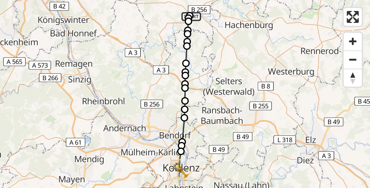Flugroute Rettungshubschrauber DRK Altenkirchen Hospital - Koblenz, 01 August 2026, 18:49