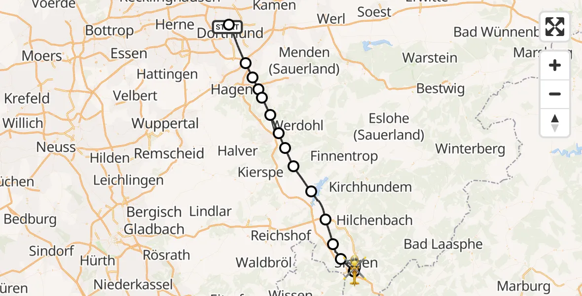 Flugroute Rettungshubschrauber Dortmund Hospital North - Evangelisches Jung-Stilling Hospital, 01 August 2026, 18:50