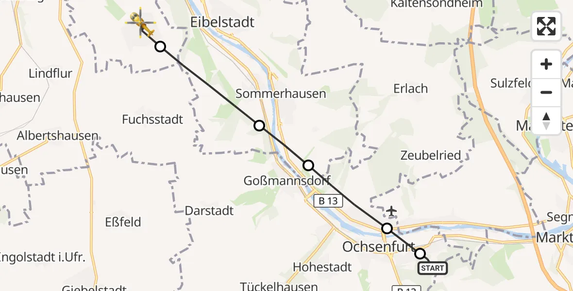 Flugroute Rettungshubschrauber Ochsenfurt Hospital - Würzburg, 01 August 2026, 19:01
