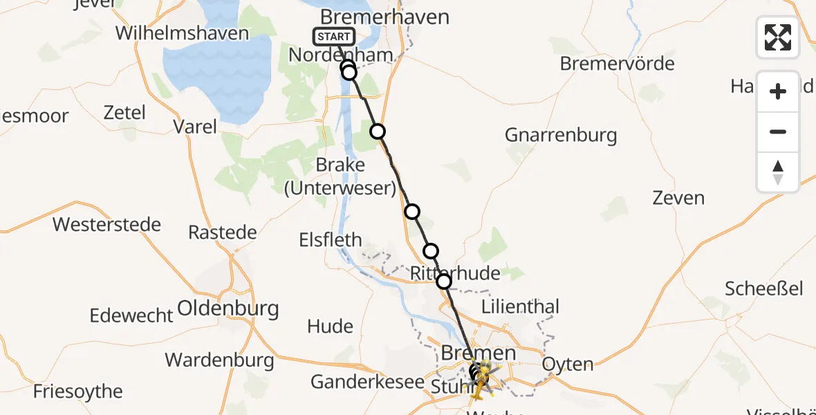 Flugroute Rettungshubschrauber Nordenham - ADAC Air Rescue Station Bremen Hubschrauberlandeplatz (Christoph 6), 01 August 2026, 19:05