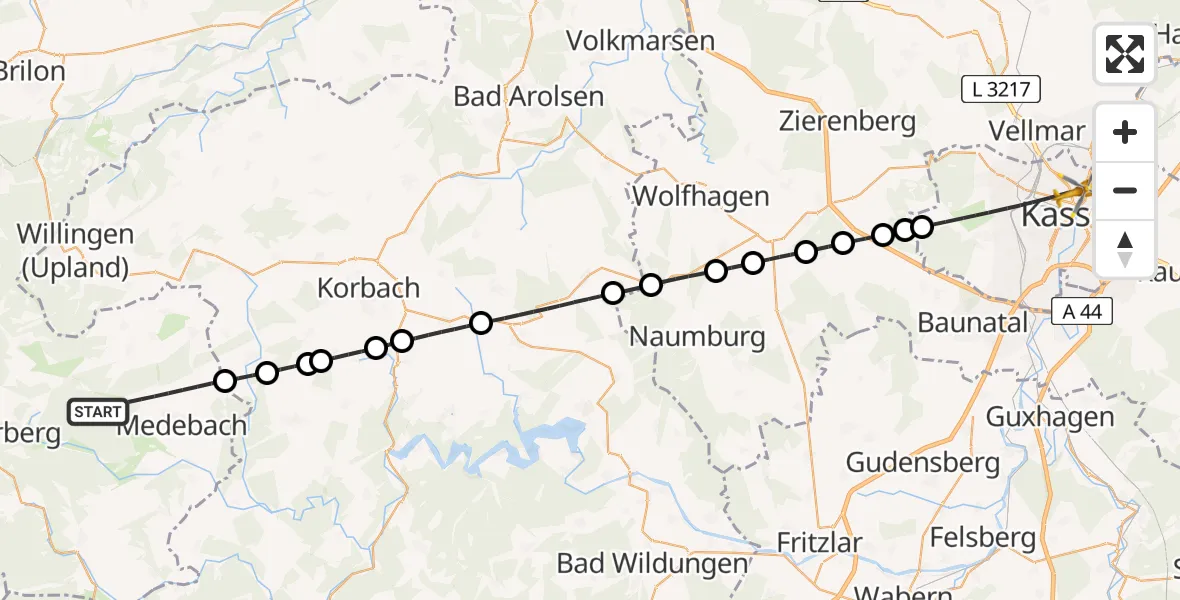 Flugroute Rettungshubschrauber Medebach - Kassel, 01 August 2026, 19:12
