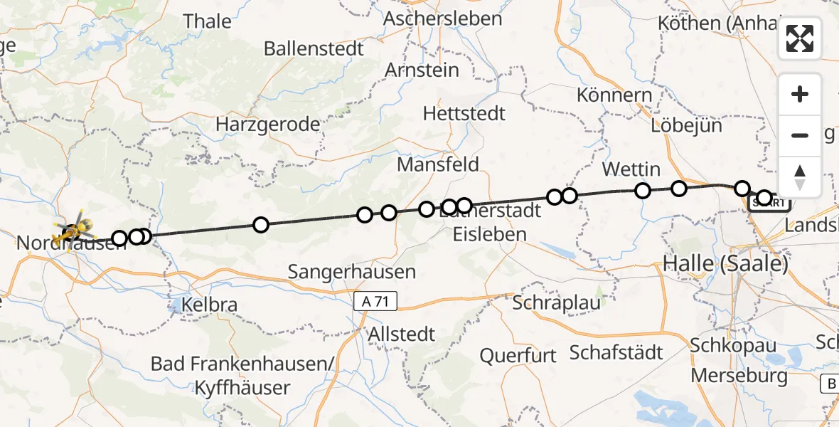 Flugroute Rettungshubschrauber Halle-Oppin Flugplatz - Südharz Hospital Nordhausen, 01 August 2026, 19:16