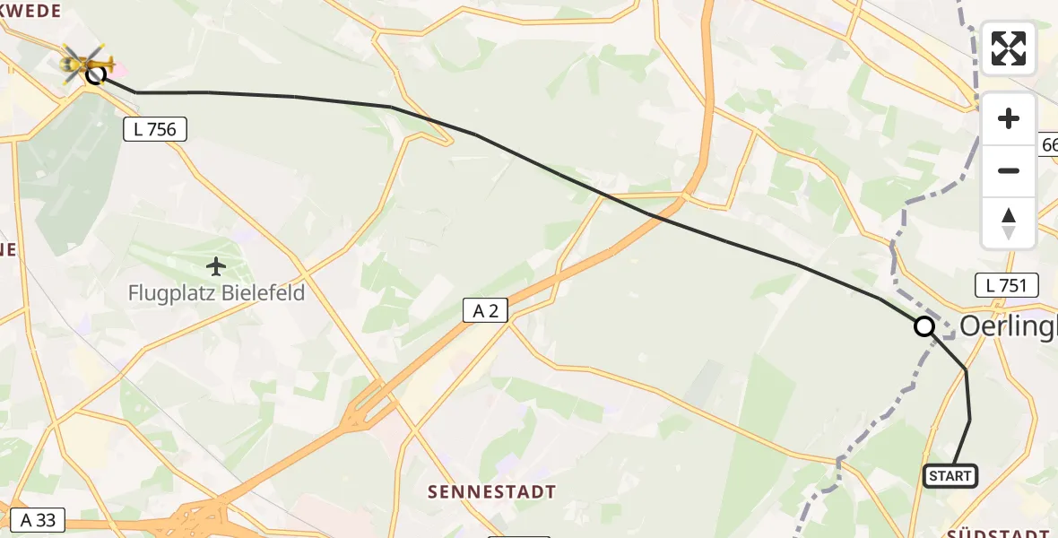 Flugroute Rettungshubschrauber Oerlinghausen - Luftrettungszentrum Bielefeld, 01 August 2026, 19:16
