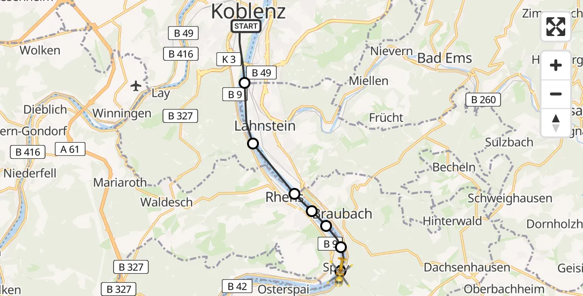 Flugroute Rettungshubschrauber Koblenz - Spay, 01 August 2026, 19:24