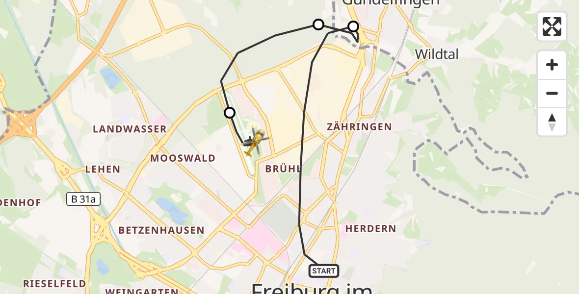 Flugroute Ambulanzhubschrauber Freiburg im Breisgau - Freiburg im Breisgau Flugplatz, 01 August 2026, 19:25