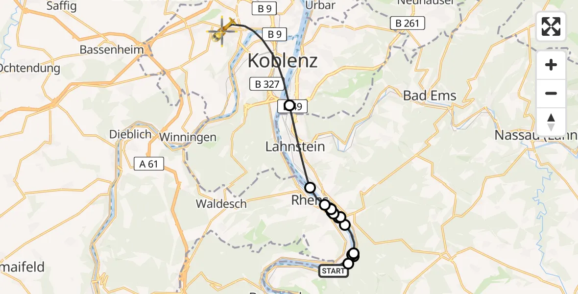 Flugroute Rettungshubschrauber Osterspai - Koblenz, 01 August 2026, 19:32