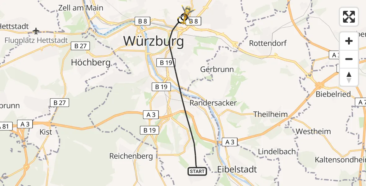 Flugroute Rettungshubschrauber Würzburg - Würzburg University Hospital Rooftop, 01 August 2026, 19:38
