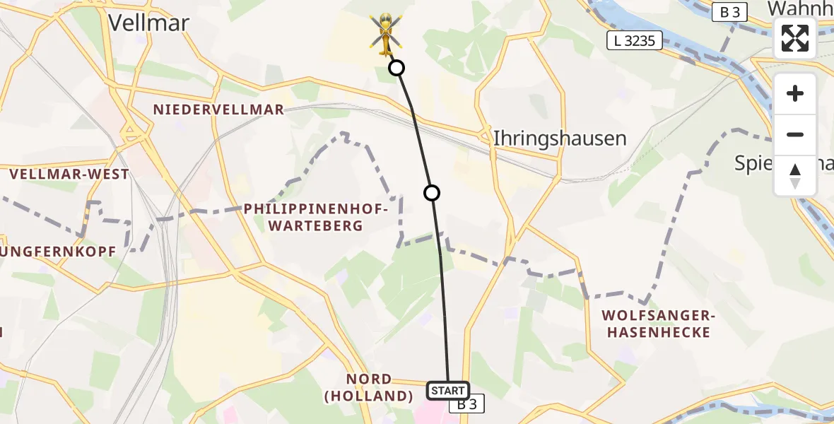 Flugroute Rettungshubschrauber Kassel - Fuldatal Bundespolizei Hubschrauberlandeplatz, 01 August 2026, 19:41